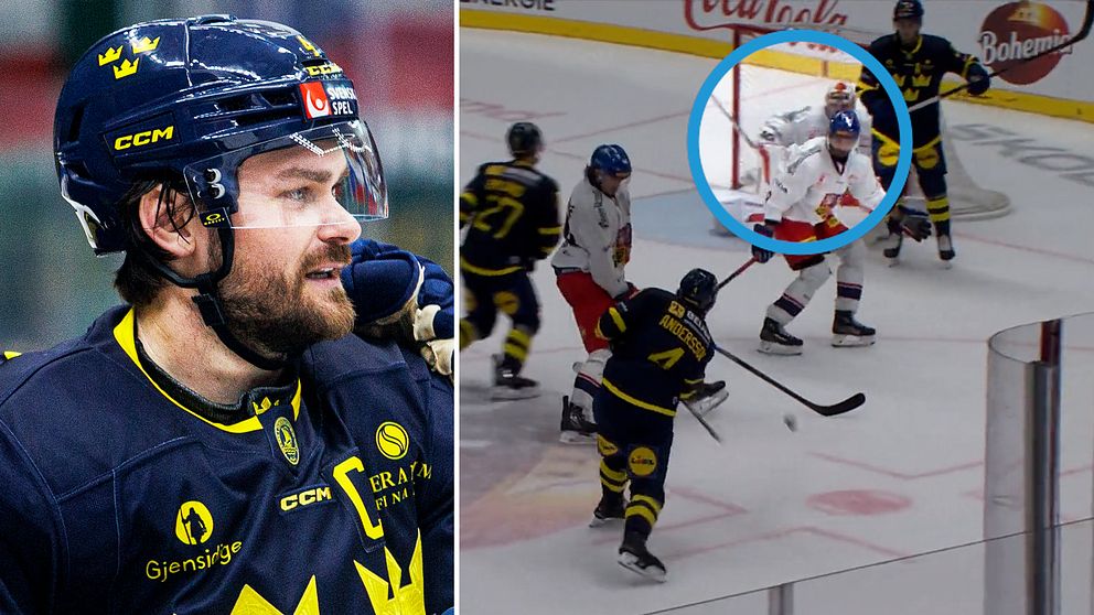 Delad bild. Till vänster: Tre Kronor-spelare i närbild. Till höger: hockeymatch på isen.
