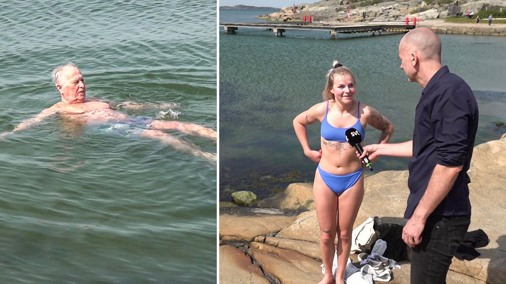 ”Första doppet för i år”, säger Emmy Siggesson. Högsommarvärmen kom till Västsverige lagom till Valborg och 1:a maj – och med värmen kom badarna.