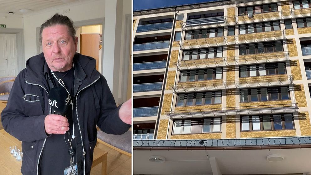Delad bild. Till vänster: person i svart jacka inomhus. Till höger: fasad på flerbostadshus.