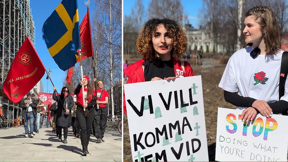 Delad bild på ett förstamajtåg med vajande flaggor och två unga kvinnor med varsitt plakat.