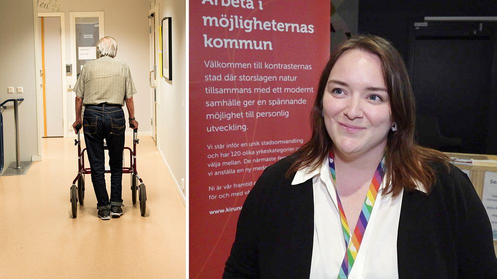 En äldre man i en korridor samt Lisa Ejderlöf, rekryterare Kiruna kommun.