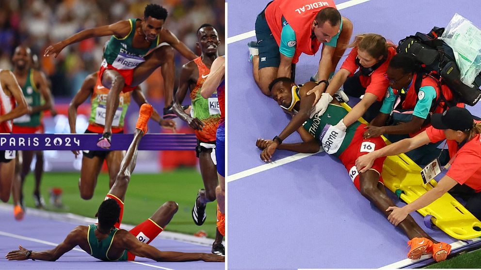 Lamecha Girma fick bäras ut på bår efter ett fall i OS-finalen.