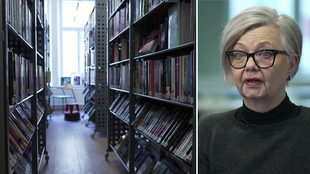 Bild på bibliotekshyllor samt Anne Lund enhetshef för kulturstöd, kulturförvaltningen Stockholms stad