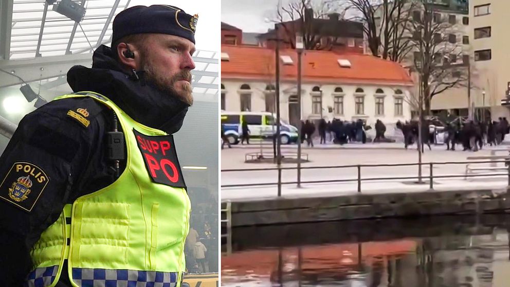 Supporterpolis på en arena till vänster, mobilfilm på svartklädda gäng som ryker ihop och bråkar till höger.