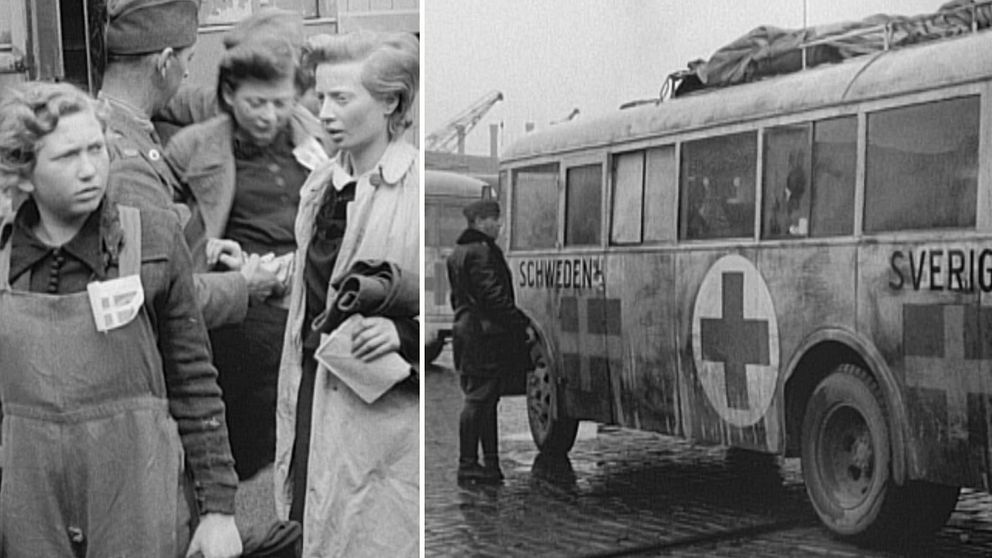 Delad bild. Till vänster: kvinnor i samtal efter kriget. Till höger: svensk rödakorsbuss.