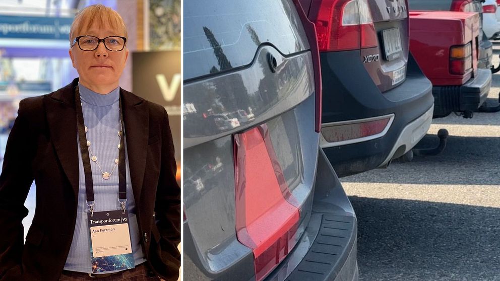 En delad bild som visar två sektioner; den vänstra delen visar en person klädd i kostym med en namnskylt runt halsen, medan den högra delen visar en rad bilar parkerade bakom varandra, med fokus på baklamporna på en av bilarna.