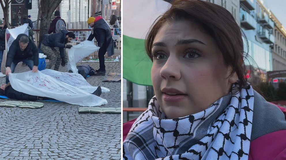 En man under ett lakan och en kvinna vid en manifestation.