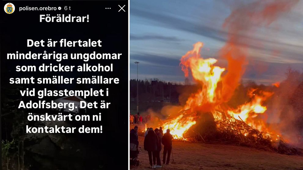 Delad bild. Till vänster: polismeddelande om ungdomar och smällare. Till höger: majbrasa utomhus.