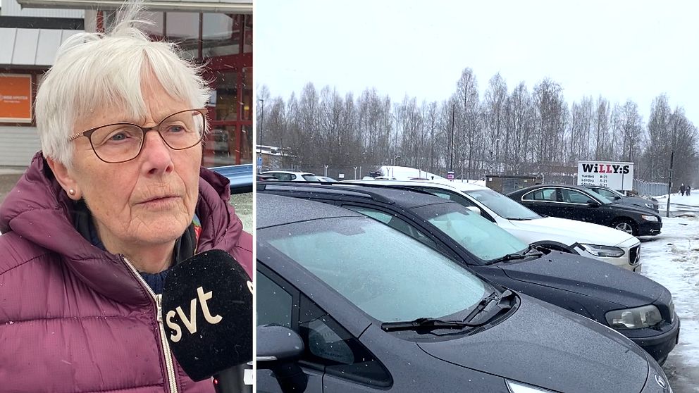 en dam som ska handla utanför Willys, och Willysparkeringen i Falun. Flera bilar syns på parkeringen.