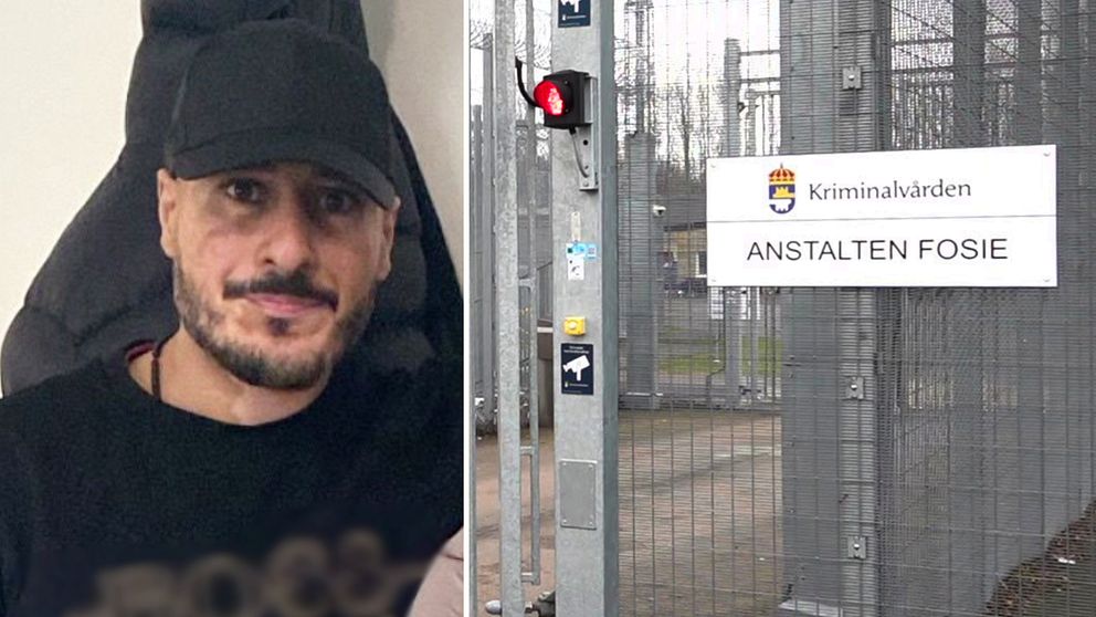 Tvådelad bild. Till vänster: En person i en mörk tröja. Till höger: Grind och skylt till anstalten i Fosie.