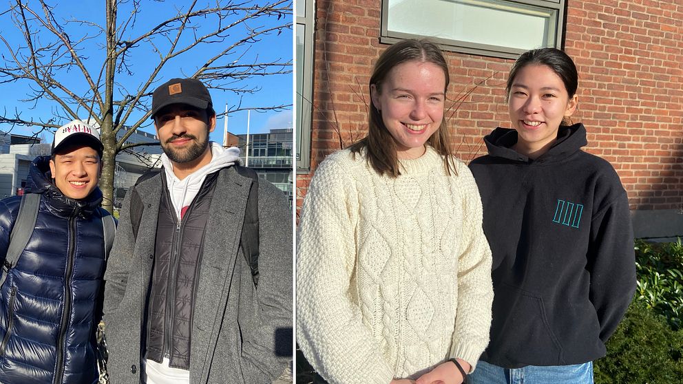 Bilden är delad i två sektioner. På vänster sida står två personer utomhus med vinterkläder och ett träd i bakgrunden. På höger sida står ytterligare två personer framför en tegelbyggnad, klädda i en stickad tröja och en mörk hoodie. De står utanför halmstad högskola.