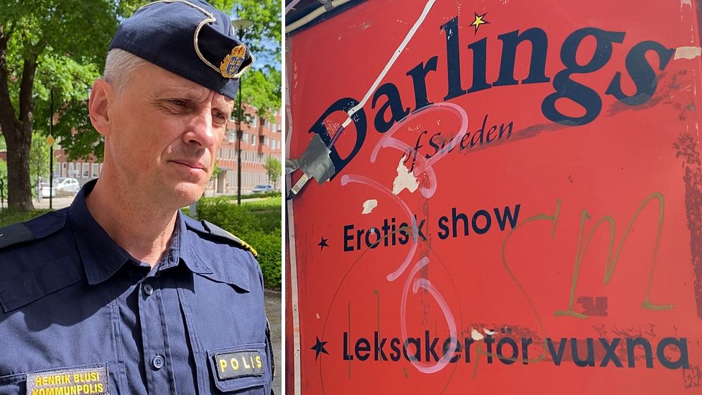 Till vänster står kommunpolisen Henrik Blusi – Till höger ser du en skylt där det står Darlings som är namnet på strippklubben i centrala Sundsvall.