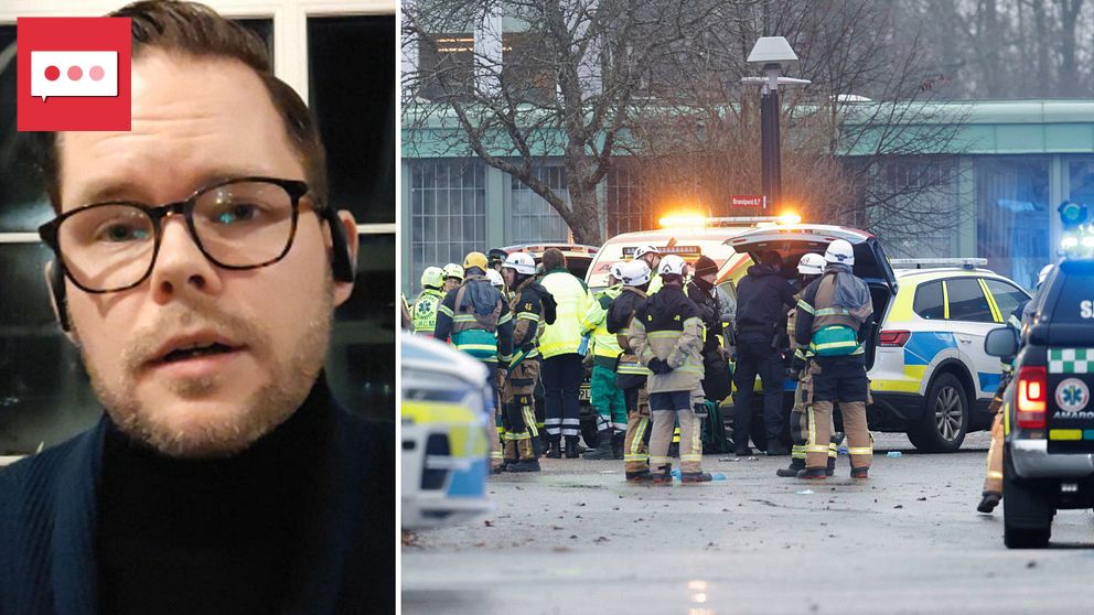 Delad bild: Till vänster syns en person vars ansikte är suddat. Till höger står ett flertal räddnings- och polisfordon samt utryckningspersonal, möjligen brandmän och poliser, i samlad grupp vid en incident. Environmentet verkar vara urbant med träd och byggnader i bakgrunden.