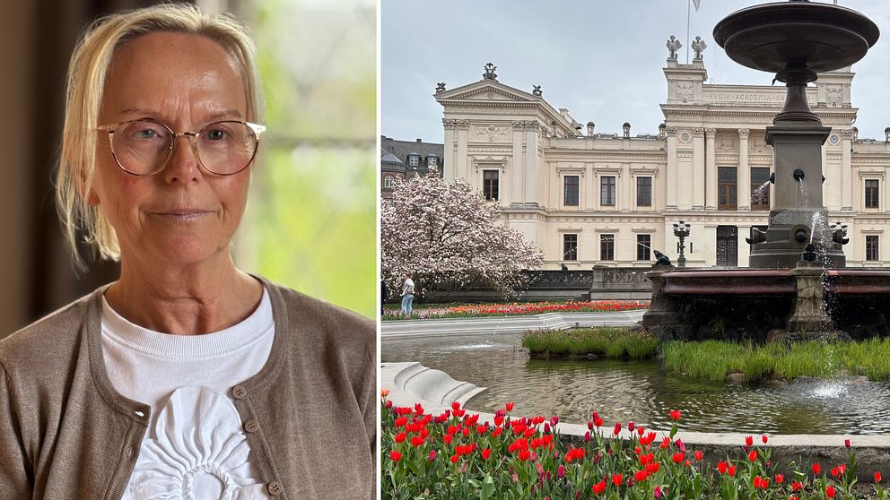 Delad bild. Till vänster: kvinna inomhus. Till höger: universitetsbyggnad och fontän.