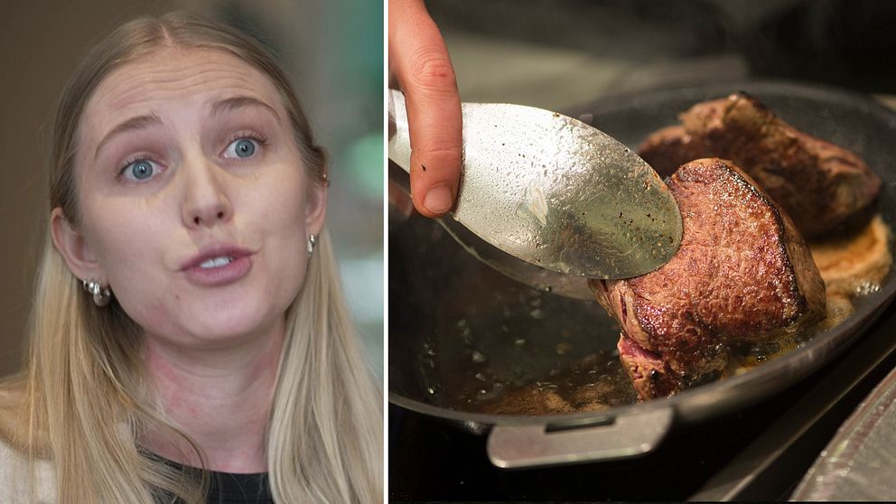 Delad bild. Till vänster: en kvinna med långt blont hår. Till höger: kött steks i stekpanna.