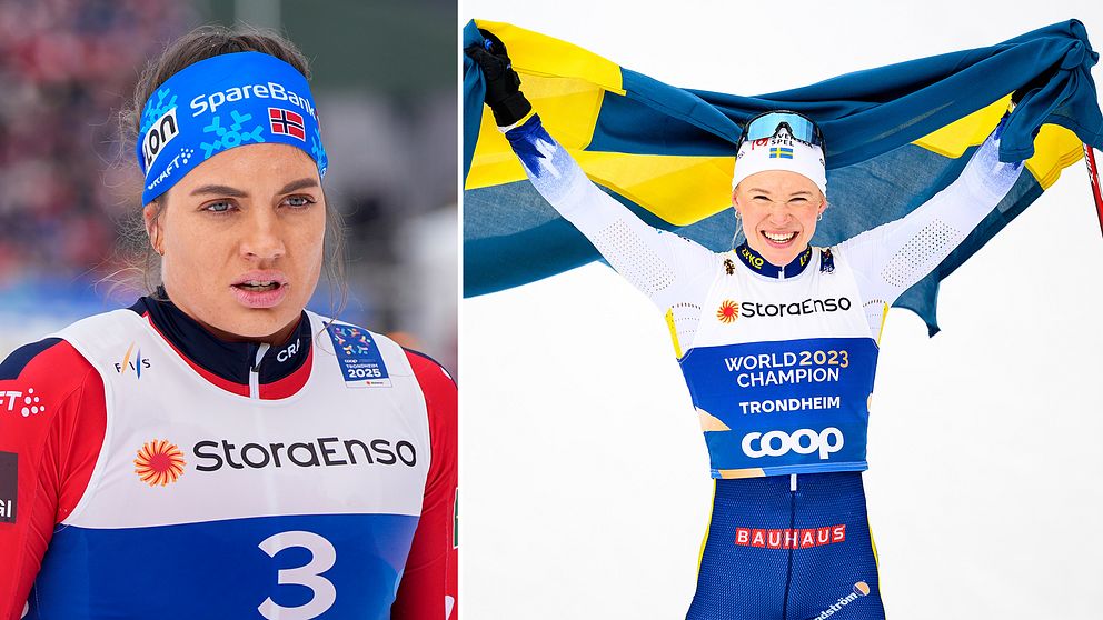 Delad bild. Till vänster: skidåkare i norsk dräkt. Till höger: segrare med svensk flagga.
