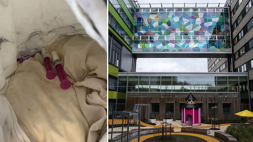 En delad bild med två sektioner. Den vänstra sektionen visar en insidan av en påse med två lila sprutor inuti, omgivna av vitt tyg. Den högra sektionen visar ett modernt byggnadskomplex med färgglada, geometriska mönster på en vägg och en lekplats framför, inklusive en lekställning som liknar en slott. Östra sjukhuset Göteborg, neonatalavdelning.