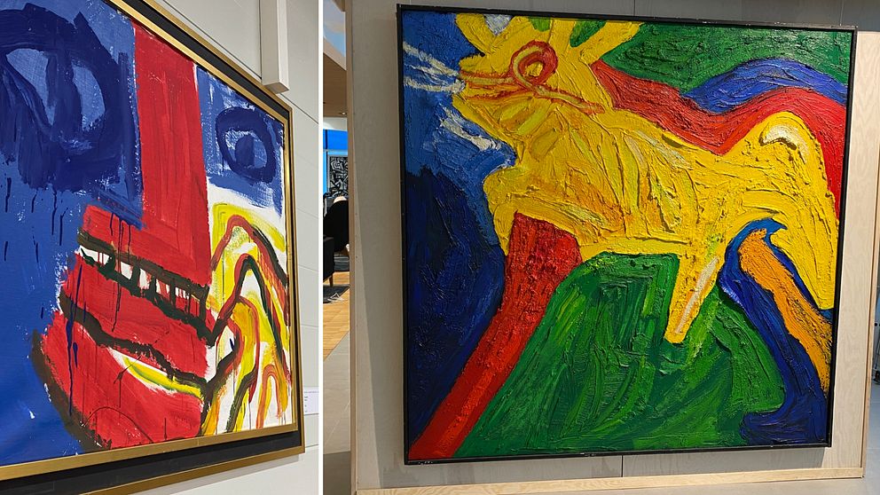Två tavlor med starka färger och abstrakta motiv. Färgerna är blått, rött gult och grönt