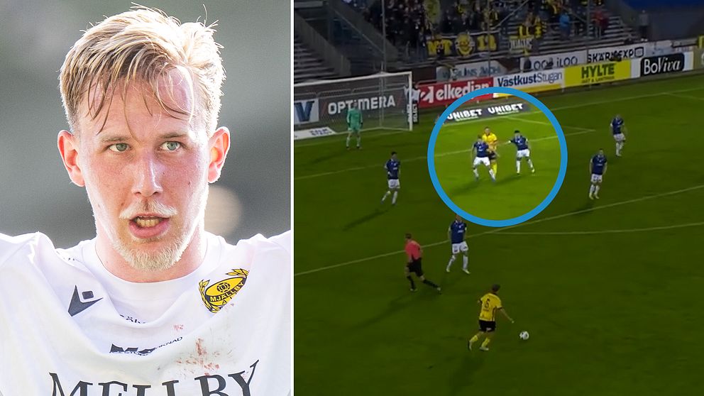 Delad bild. Vänster: spelare i Mjällbytröja. Höger: fotbollsmatch, spelare i närkamp markerad.