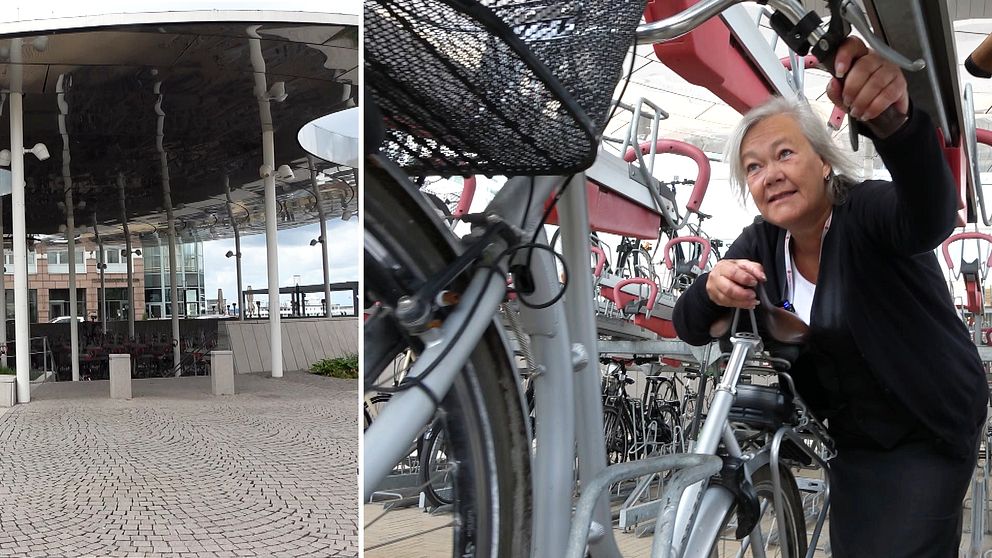 Kvinna parkerar cykeln i det nya cykelgaraget
