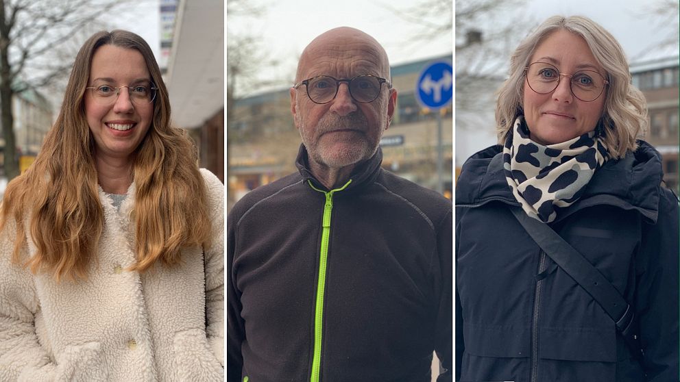 Splitbild med tre personer. Till vänster står en kvinna med fluffig jacka, sedan en man och längst till höger står en kvinna med tjock jacka och sjal.