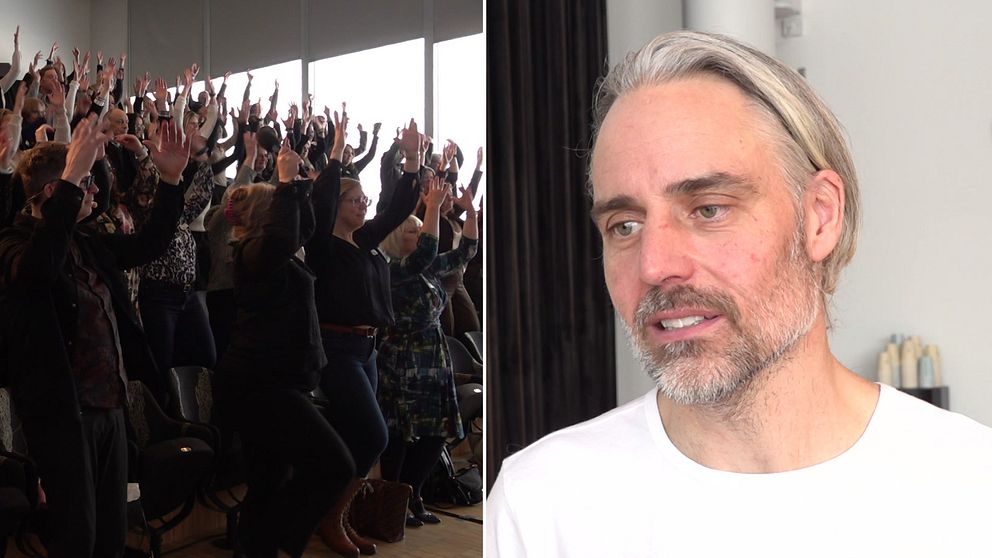 en man och en folkmassa som gör rörelser