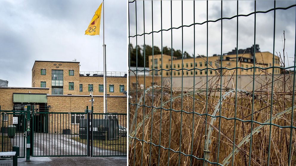 En byggnad bakom stängsel och taggtråd med en flaggstång
