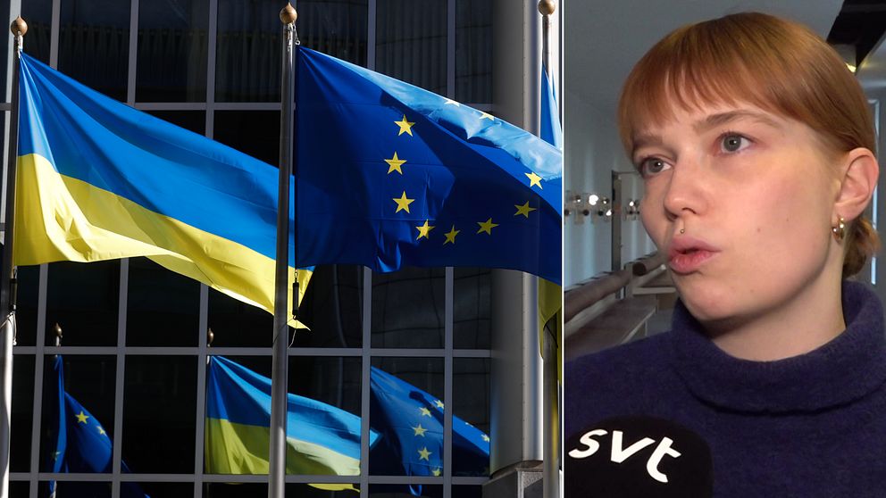 Flaggor: Ukraina och EU. Forskare Minna Ålander vid Utrikespolitiska institutet i Finland, i en SVT-intervju i Stockholm.
