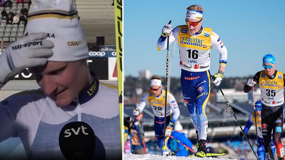 Tvådelad bild. Till vänster: skidåkare intervjuas av SVT. Till höger: längdskidåkare tävlar.