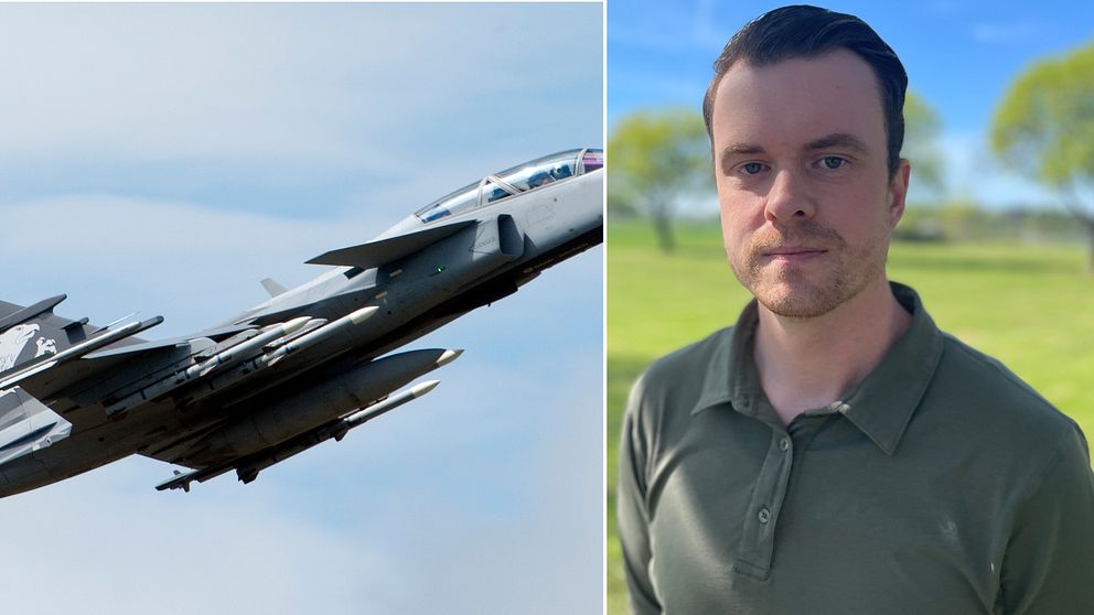Till vänster syns ett JAS Gripen plan i luften. Till höger i bild visas kommunikationschefen på F16 i Uppsala ståendes framför en äng.