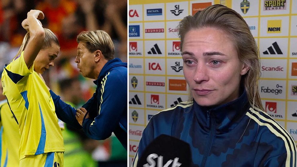 Fridolina Rolfö i samtal med tränare samt intervjuas i svensk landslagsjacka