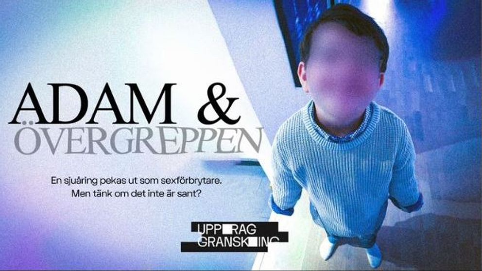 Texten ”Adam & övergreppen” och Uppdrag granskning-logga på en blå bakgrund.