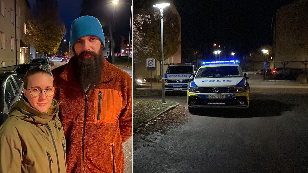 Polisbilar på plats vid södra Skallberget i Västerås efter en skjutning