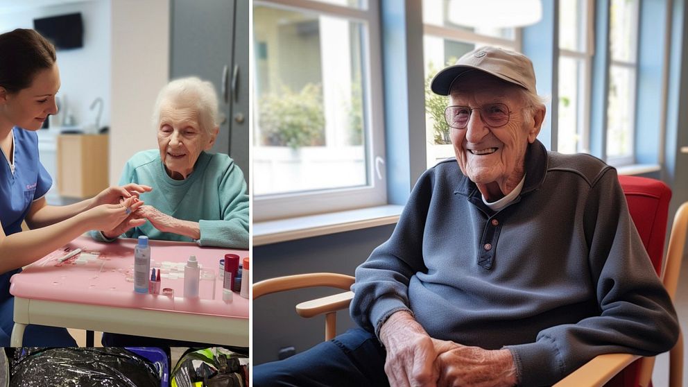 AI-skapade bilder föreställande en äldre kvinna som får naglarna målade av en kvinnlig sköterska. Till höger en äldre man som sitter i en fåtölj och ler mot kameran.