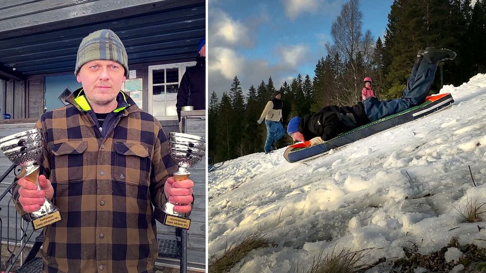 Till vänster: En person i flanellskjorta håller upp två pokaler utomhus framför en byggnad. Till höger: En person åker liggande på en madrass eller liknande föremål ner för en snötäckt sluttning medan andra människor går i bakgrunden.