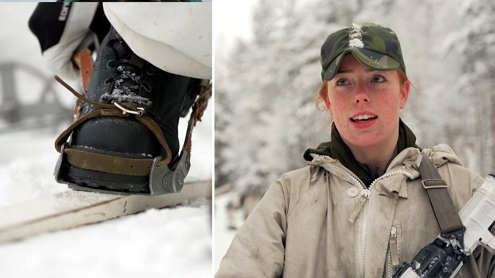 Närbild på skida och Moa Dahlgren, värnpliktig på Sollefteås I21