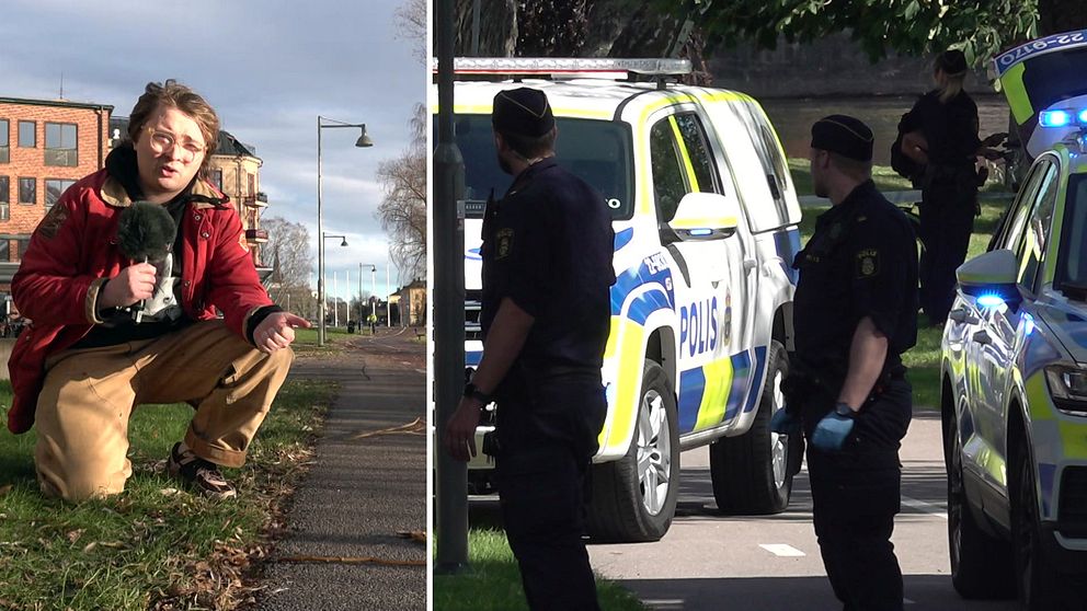 Två bilder. Till vänster en reporter som sitter på huk vid platsen där skottet avlossades. Till höger en bild med poliser och polisbilar.
