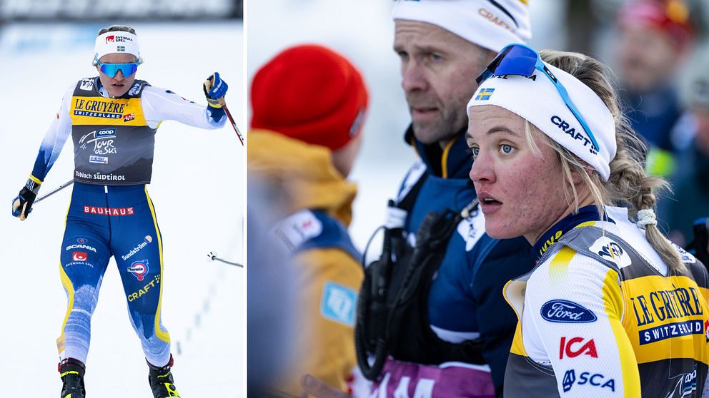 En delad bild visar en skidåkare i rörelse på vänster sidan, iförd en blå och gul tävlingsdräkt. På höger sidan står flera personer i diskussion, iklädda skidkläder och hjälmar, vilket indikeras av deras klädval och utrustning.