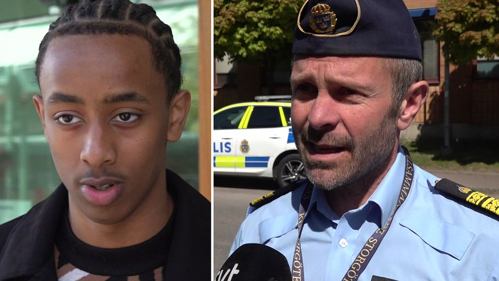 Tvådelad bild. Till vänster: person med flätor. Till höger: polis i uniform och polisbil.