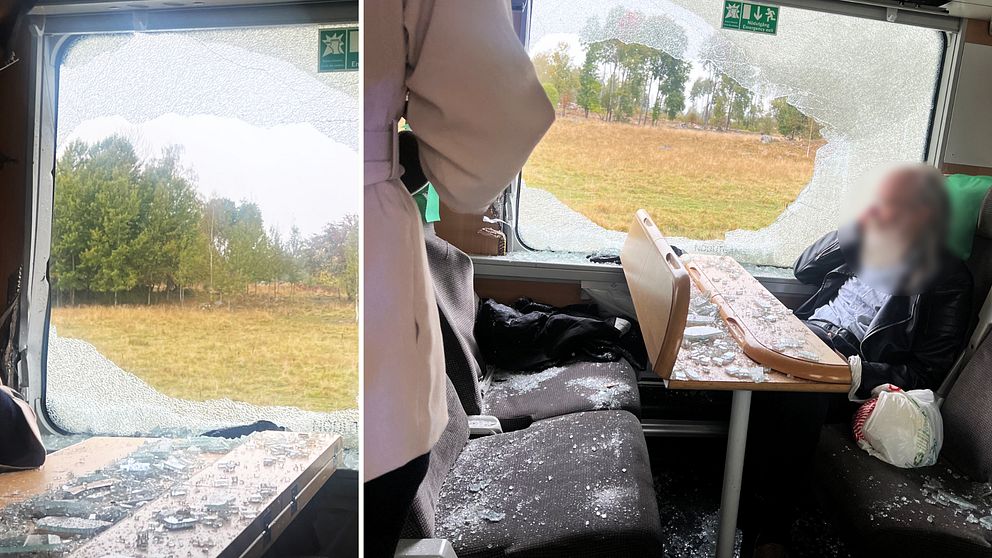 En delad bild som visar en tågkupé efter en incident. Den vänstra sektionen visar en krossad tågvals framruta med sprickor och glasskärvor på golvet, samt en utsikt över en grönskande landskap. Den högra sektionen visar en passagerare som sitter vid ett bord med nedskriven yta, omgiven av glassplitter på sätet, vilket indikerar en nyligen inträffad skada.