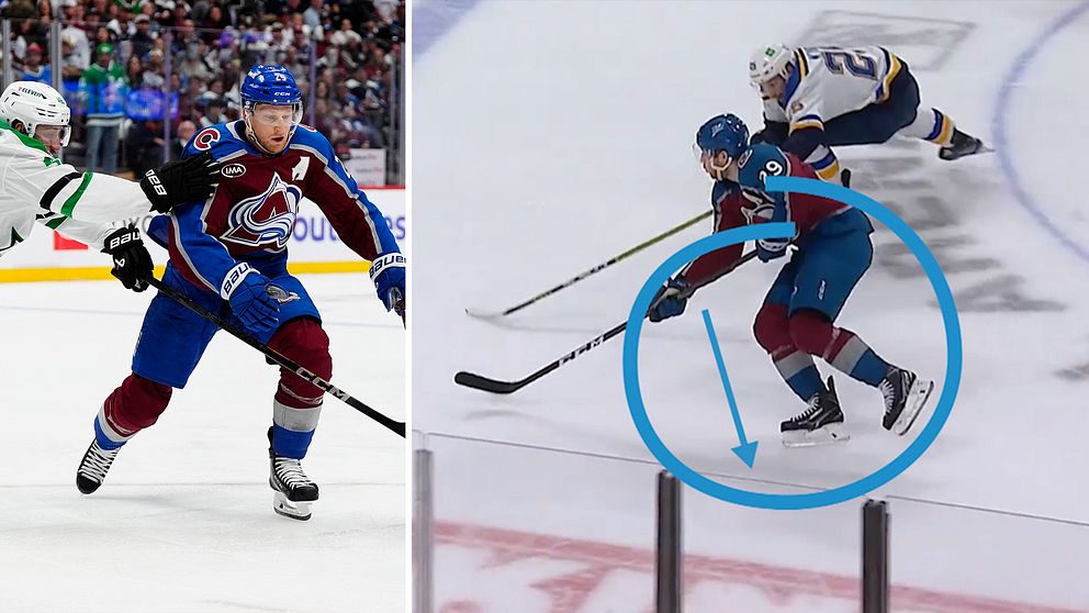 Delad bild. Vänster: Ishockeyspelare åker med pucken. Höger: närkamp, spelare markeras med cirkel.