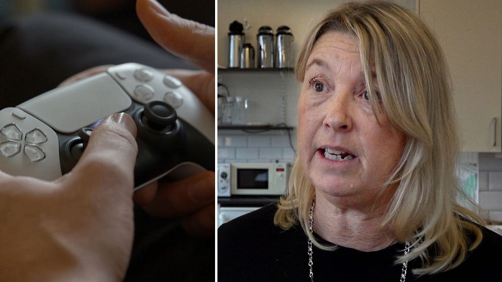 En delad bild med två sektioner; den vänstra visar en hand som håller en modern spelkontroll, medan den högra sektionen presenterar en kvinna i en inomhusmiljö.