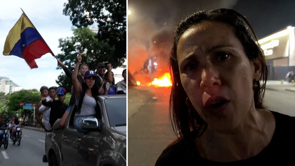 Demonstranter i Venezuelas huvudstad Caracas efter helgens ifrågasatta valresultat.