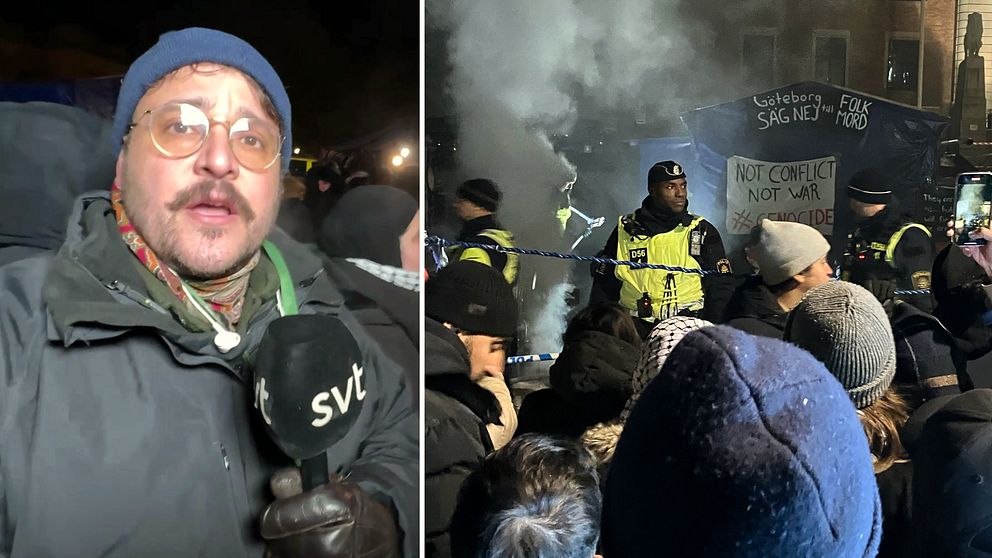 En tvådelad bild. Bilden till vänster visar en reporter med en mikrofon i handen med texten SVT på. Reportern har glasögon, en blå mössa och en grå jacka. Bilden till höger visar en scen som utspelar sig framför en byggnad tillhörande Göteborgs universitet. En rad dialogpoliser står på ena sidan om ett avspärrningsband. På andra sidan står en större mängd demonstranter. Rök stiger från marken bakom poliserna.