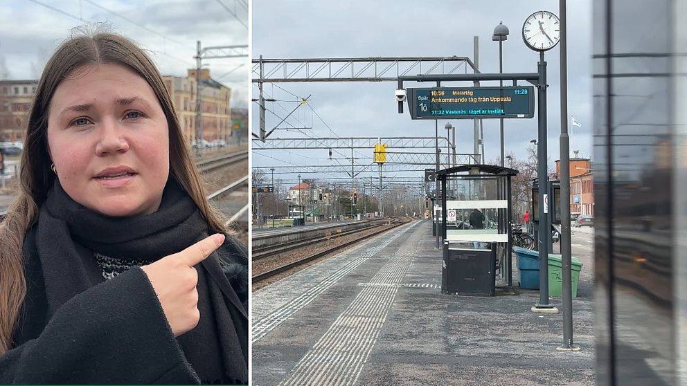 Tvådelad bild. Vänster: Person pekar. Höger: Tom perrong vid tågstation.