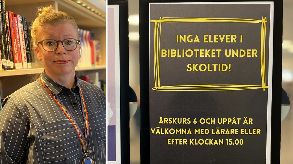 En kvinna till vänster i uppsatt hår och skjorta, till höger en svart lapp med gul text i Kortedala bibliotek.