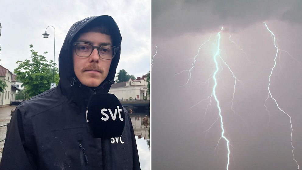 Reporter med mick står i regn och rapporterar, bredvid en genrebild på en blixt.