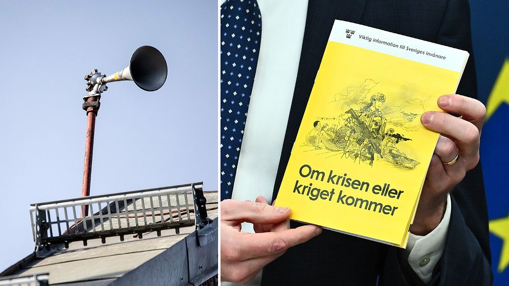 till vänster syns hesa fredrik och till höger håller en man i msb:s nya broschyr ”om krisen eller kriget kommer”
