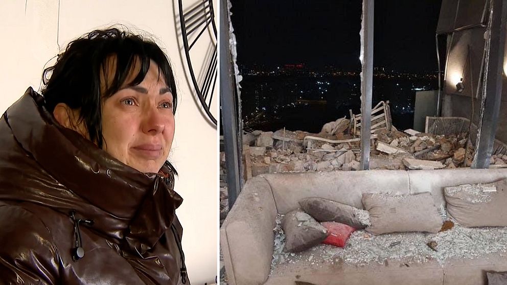 En kvinna gråter i sin förstörda lägenhet.