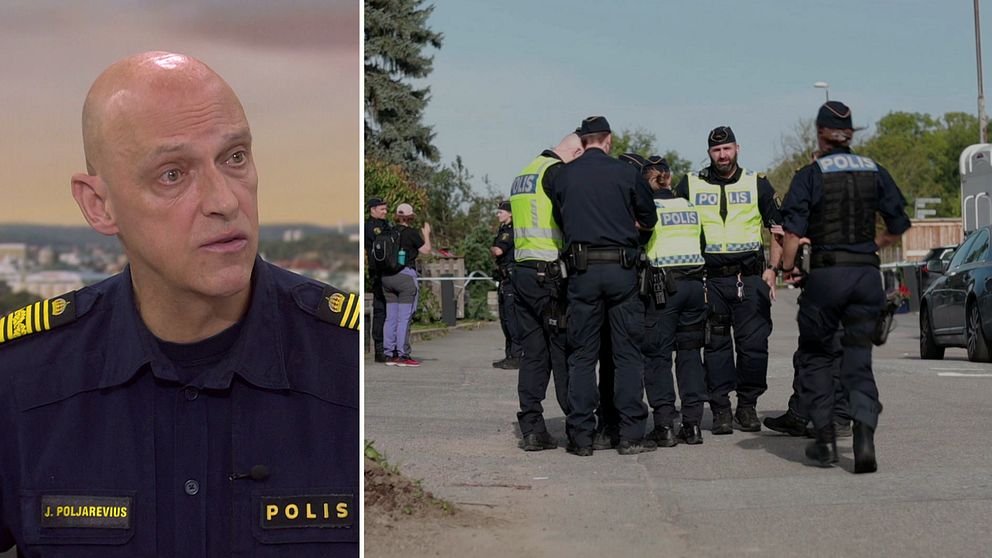 Till vänster en man i polisskjorta, till höger en grupp poliser utomhus.